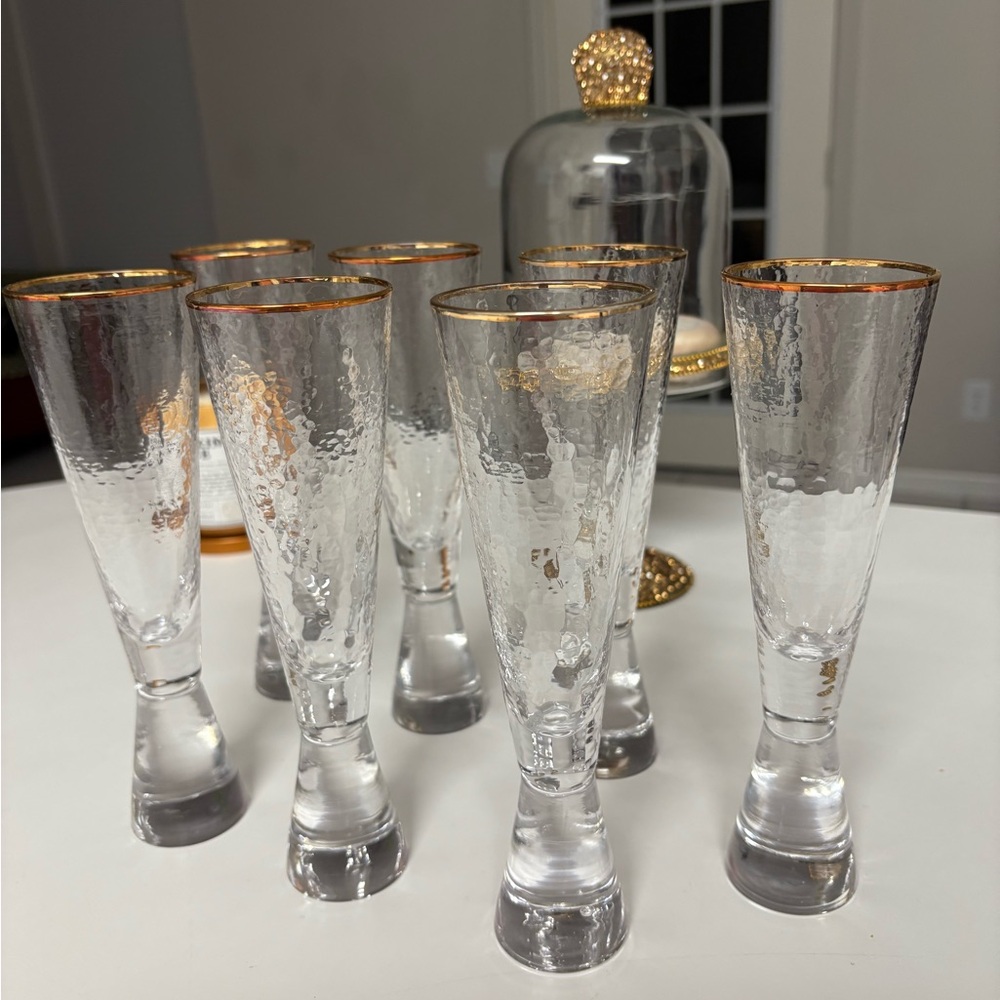 7 Elegant Champagne Flutes Gold Rimmed Glass Set